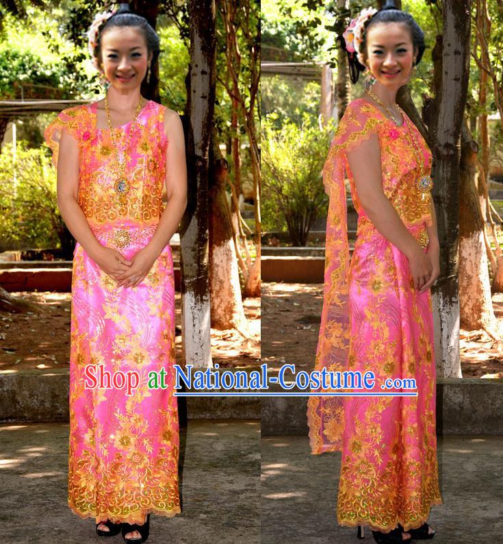 Traditional Asian Thai Palace Princess Wedding Double Gauze Costume Complete Set, Thai Shawl Royal Court Embroidery Clothing for Women