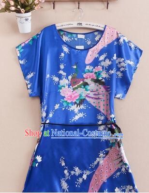 Night Suit for Women Night Gown Bedgown Leisure Wear Home Clothes Chinese Traditional Style Peacock Blue