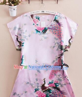 Night Suit for Women Night Gown Bedgown Leisure Wear Home Clothes Chinese Traditional Style Peacock Pink