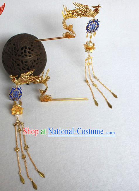 Chinese Ancient Style Hair Jewelry Accessories, Hairpins, Hanfu Xiuhe Suits Wedding Bride Imperial Empress Handmade Phoenix for Women