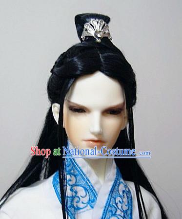 Ancient Chinese Style Prince Emperor Long Black Wigs and Coronet for Men Boys Adults Kids