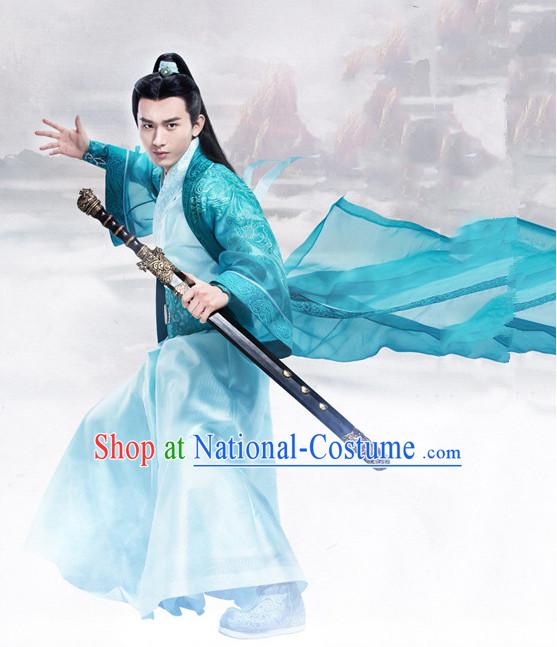 Ancient Chinese Swordsman Knight Costumes and Hair Jewelry Complete Set for Men