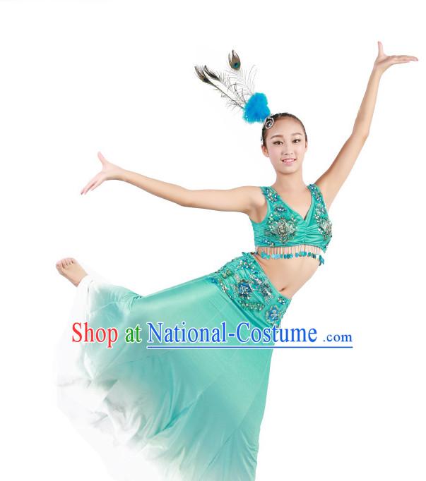 Chinese Traditional Folk Ethnic Peacock Dai Dance Costumes Dancewear and Headpieces Complete Set for Women