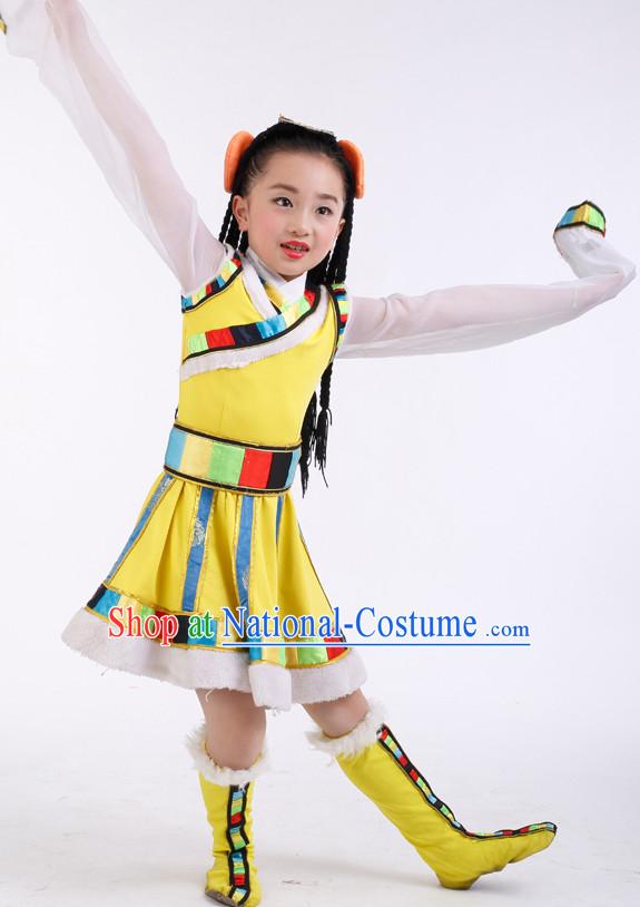 Chinese Competition Tibetan Dance Costumes Kids Dance Costumes Folk Dances Ethnic Dance Fan Dance Dancing Dancewear for Children