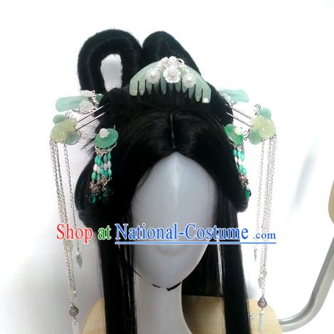 Traditional Chinese Princess Long Black Wigs and Hairpieces Headpieces Hair Jewelry Set