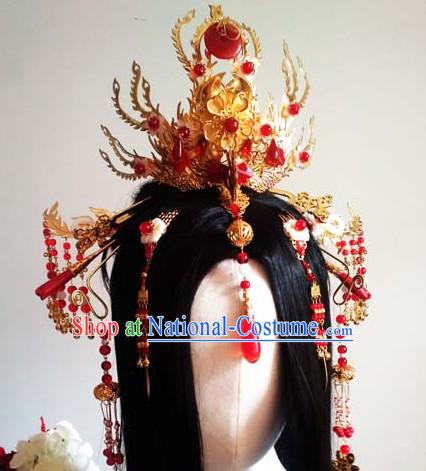 Traditional Chinese Princess Long Black Wigs and Hairpieces Headpieces Hair Jewelry Set