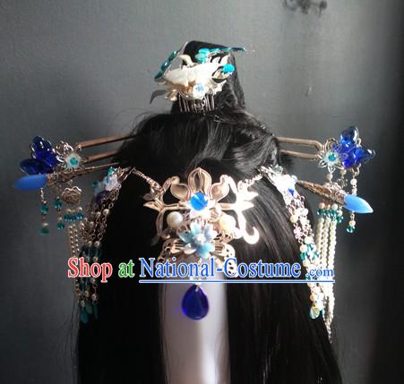 Traditional Chinese Princess Long Black Wigs and Hairpieces Headpieces Hair Jewelry Set