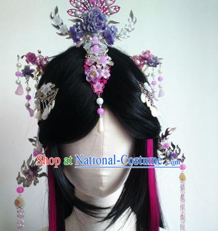 Traditional Chinese Princess Long Black Wigs and Hairpieces Headpieces Hair Jewelry Set