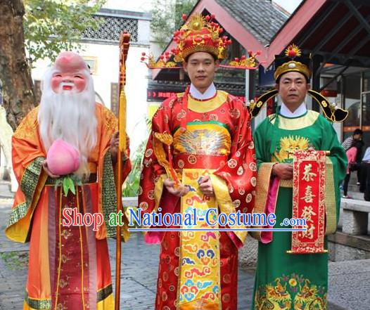 Asian Chinese Legend Fu Lu Shou Long Dresses Hanfu Costume Clothing Chinese Robe Chinese Kimono and Hat Complete Set for Men