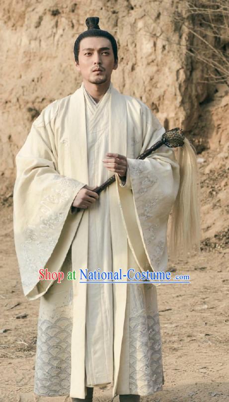 Ancient Chinese Taoist Long Robe Dress Authentic Clothes Culture Costume Dresses Traditional National Dress Clothing and Headwear Complete Set for Men