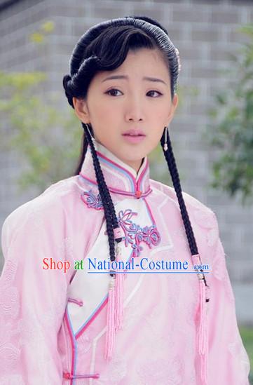 Traditional Ancient Chinese Style Lady Female Black Full Wigs and Headpieces Hair Jewelry Set for Women and Girls