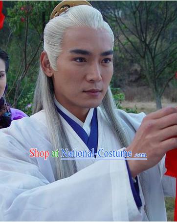 Chinese Traditional Style White Long Wigs for Men