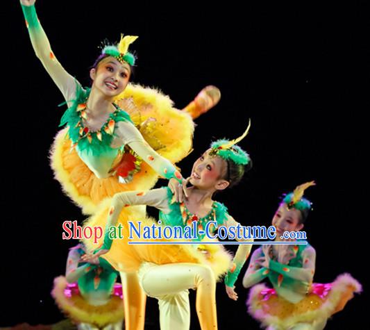 Chinese Traditional Bird Dance Costumes and Headwear Complete Set for Kids