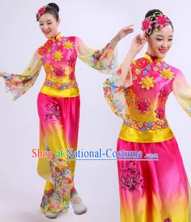 Chinese Folk Dance Costumes Traditional Chinese Fan Dancing Costume Ribbon Dancewear and Headwear Complete Set for Women Girls or Kids