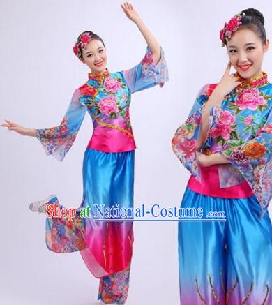 Chinese Folk Dance Costumes Traditional Chinese Fan Dancing Costume Ribbon Dancewear and Headwear Complete Set for Women Girls or Kids