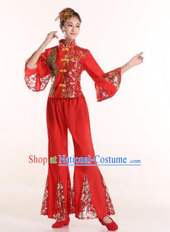 Chinese Folk Dance Costumes Traditional Chinese Fan Dancing Costume Ribbon Dancewear and Headwear Complete Set for Women Girls or Kids