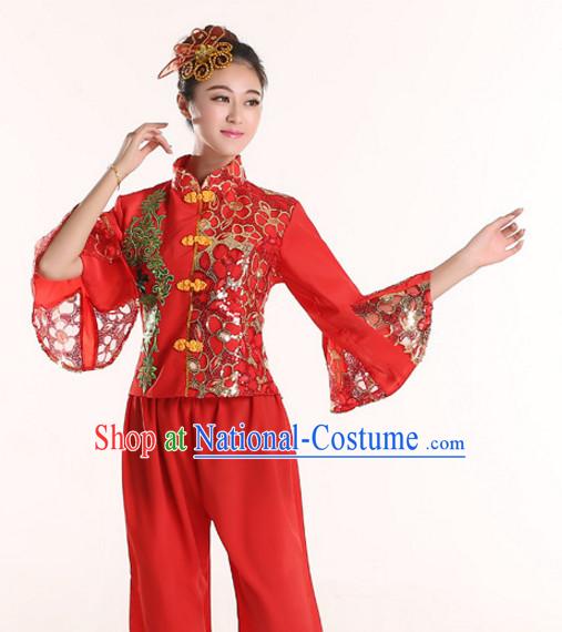 Chinese Folk dancing Costumes Traditional Chinese Fan Dancing Costume Ribbon dancingwear and Headwear