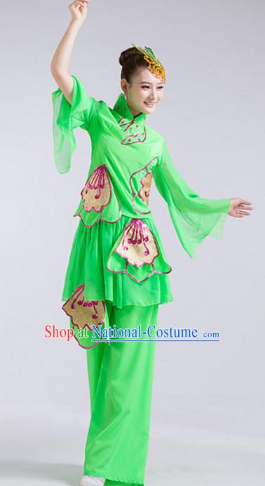 Green Chinese Folk Fan Dance Costumes and Headdress Complete Set for Women