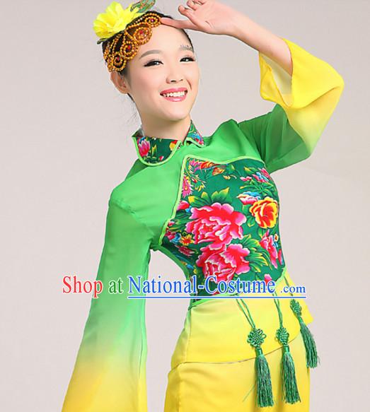 Chinese Folk dancing Costumes Traditional Chinese Fan Dancing Costume Ribbon dancingwear and Headwear