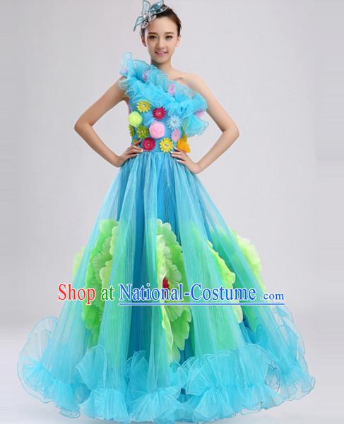 Blue Chinese Folk Peony Flower Dance Costumes and Headdress Complete Set for Women