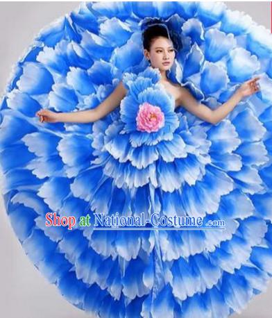 Blue Chinese Flower Petal Dance Costumes and Headdress Complete Set for Women