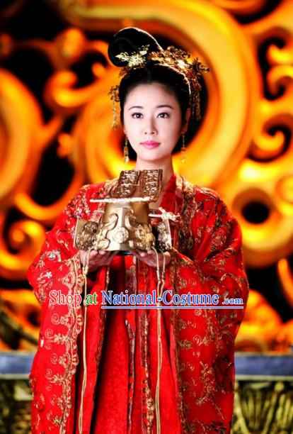 Ancient Chinese Imperial Palace Empress Queen Princess Garment Clothing and Hair Jewelry Complete Set for Wome