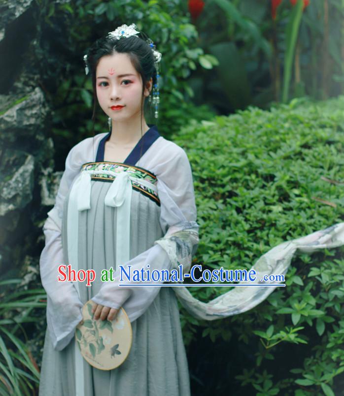 Chinese Traditional Dress Hanfu Costume China Kimono Robe Ancient Chinese Clothing National Costumes Gown Wear and Head Jewelry for Women Girls