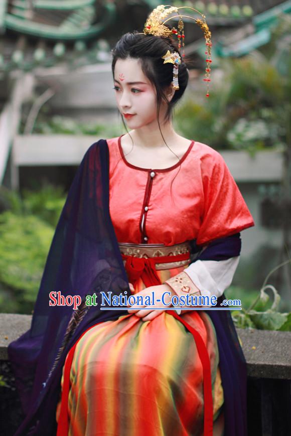 Chinese Traditional Dress Hanfu Costume China Kimono Robe Ancient Chinese Clothing National Costumes Gown Wear and Head Jewelry for Women Girls