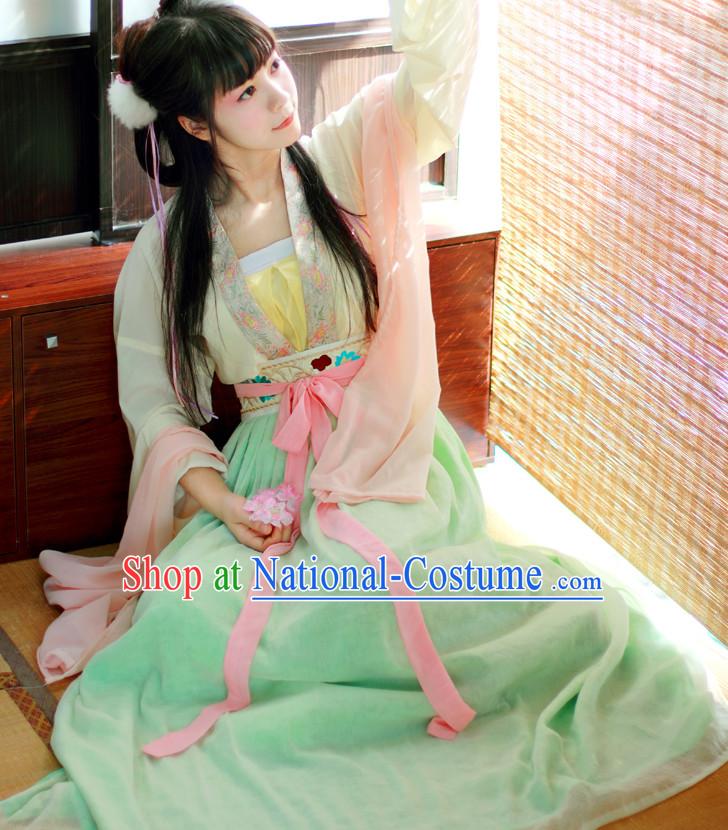 Chinese Traditional Dress Hanfu Costume China Kimono Robe Ancient Chinese Clothing National Costumes Gown Wear and Head Jewelry for Women Girls