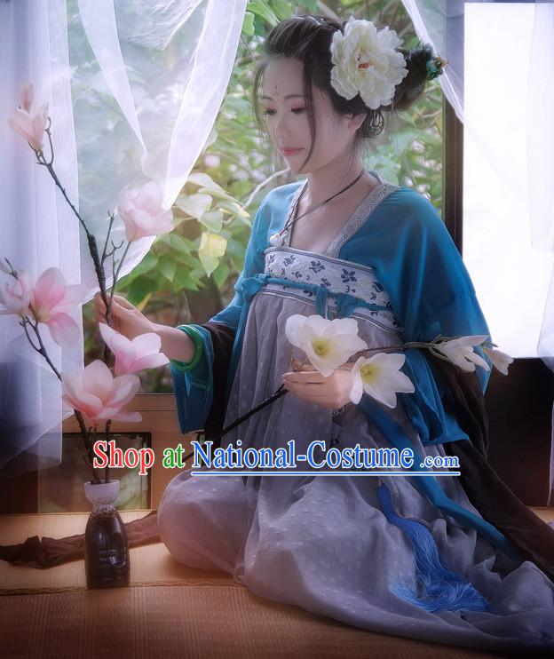 Chinese Traditional Dress Hanfu Costume China Kimono Robe Ancient Chinese Clothing National Costumes Gown Wear and Head Jewelry for Women Girls