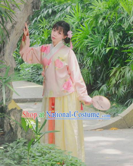 Chinese Traditional Dress Hanfu Costume China Kimono Robe Ancient Chinese Clothing National Costumes Gown Wear and Head Jewelry for Women Girls