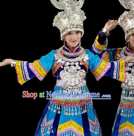 Chinese Miao Folk Dance Ethnic Dresses Traditional Wear Clothing Cultural Dancing Costume Complete Set for Women