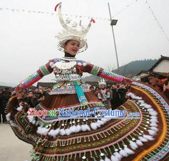 Chinese Miao Folk Dance Ethnic Dresses Traditional Wear Clothing Cultural Dancing Costume Complete Set for Women