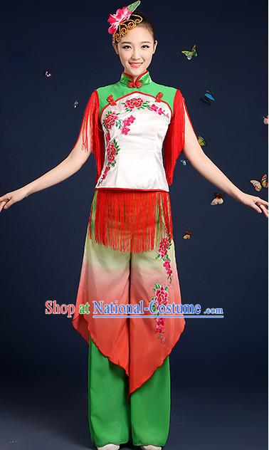 Chinese Folk Fan Dance Costumes and Headpieces Complete Set for Women