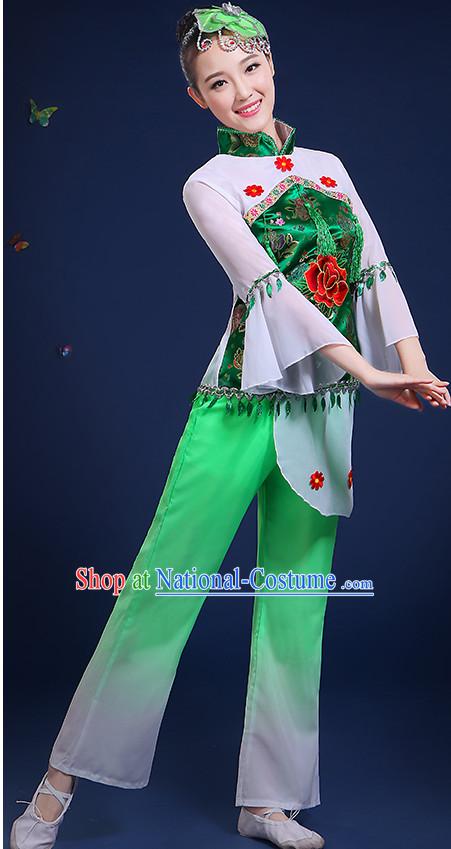 Chinese Folk Fan Dance Costumes and Headpieces Complete Set for Women