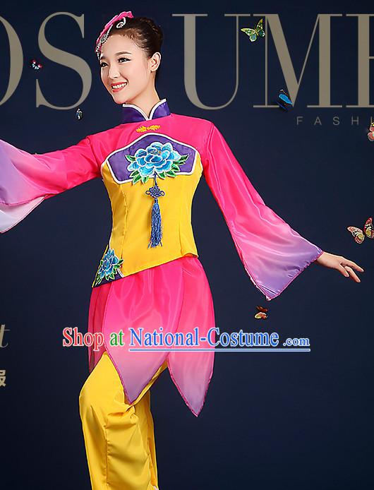 Chinese Folk Fan Dance Costumes and Headpieces Complete Set for Women