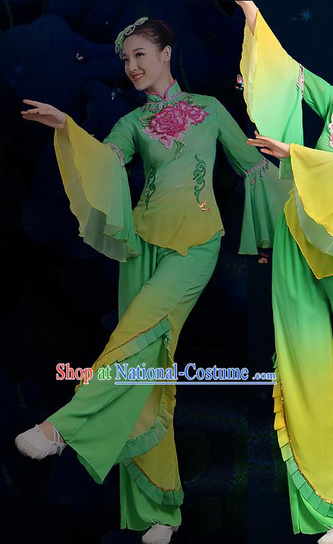 Chinese Folk Fan Dance Costumes and Headpieces Complete Set for Women