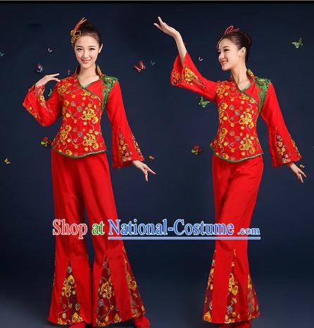 Chinese Folk Fan Dance Costumes and Headpieces Complete Set for Women