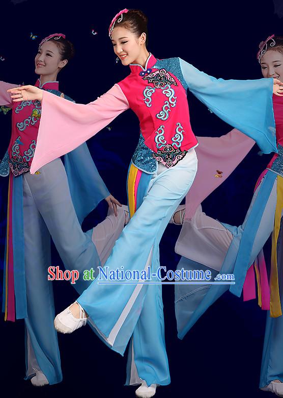 Chinese Folk Fan Dance Costumes and Headpieces Complete Set for Women