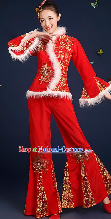 Chinese Folk Fan Dance Costumes and Headpieces Complete Set for Women