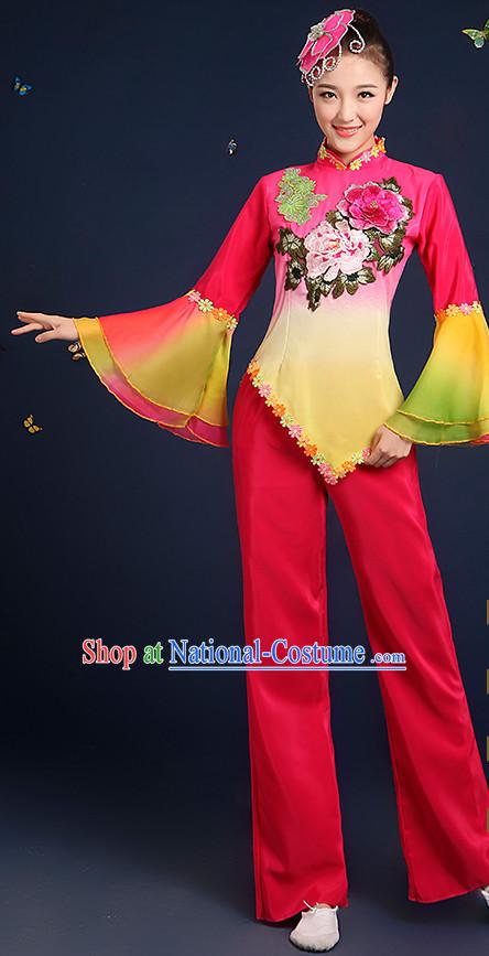 Chinese Folk Fan Dance Costumes and Headpieces Complete Set for Women