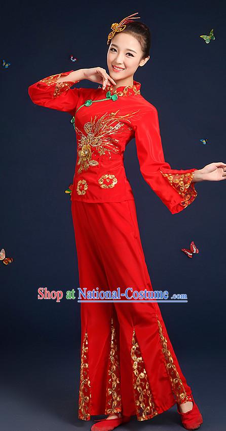 Chinese Folk Fan Dance Costumes and Headpieces Complete Set for Women