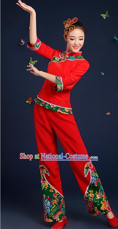 Chinese Folk Fan Dance Costumes and Headpieces Complete Set for Women