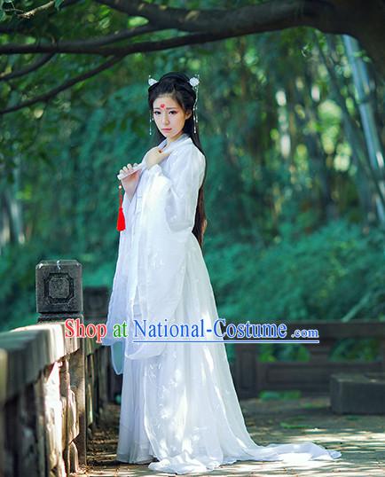 Ancient Chinese Pure White Hanfu National Costumes and Headpieces Complete Set for Women