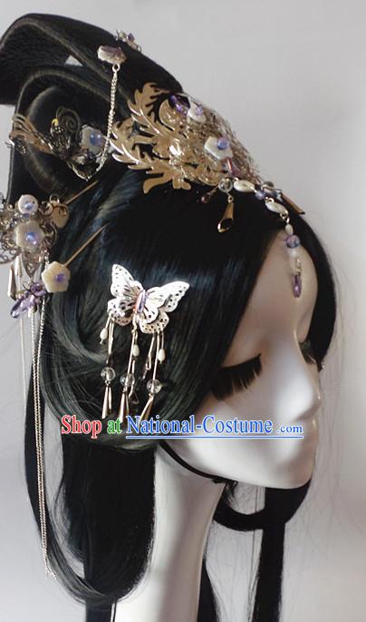 Chinese Classic Princess Fairy Long Black Wigs and Headwear Crowns Hats Headpiece Hair Accessories Jewelry Set