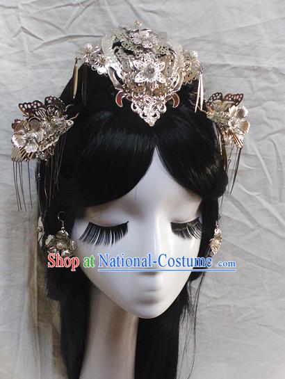 Chinese Classic Princess Fairy Long Black Wigs and Headwear Crowns Hats Headpiece Hair Accessories Jewelry Set