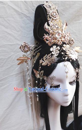 Chinese Classic Princess Fairy Long Black Wigs and Headwear Crowns Hats Headpiece Hair Accessories Jewelry Set