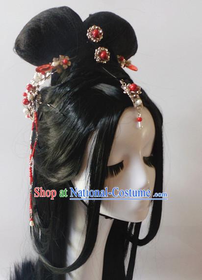 Chinese Classic Princess Fairy Long Black Wigs and Headwear Crowns Hats Headpiece Hair Accessories Jewelry Set