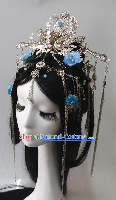 Chinese Classic Princess Fairy Long Black Wigs and Headwear Crowns Hats Headpiece Hair Accessories Jewelry Set