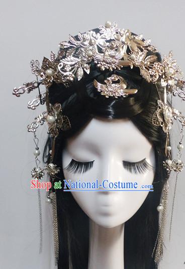 Chinese Classic Princess Fairy Long Black Wigs and Headwear Crowns Hats Headpiece Hair Accessories Jewelry Set